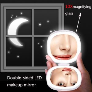 Kompakta speglar LED Light Makeup Mirror Makeup Fyll ljus dubbelsidig spegel Lätt beröring Dimning Laddning 10x förstoringsglasflicka gåva 230826