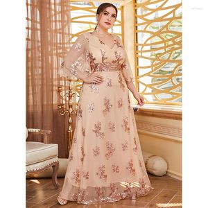 Plus Size Dresses V Neck Sequin Luxury Flower Loose Dress 2023Big Apricot Party Banquet Festival Mesh Embroidered Women