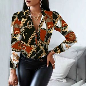 Kvinnors blusar skjortor Spring Autumn Women Casual Long Sleeve Vintage Print Slim Buttons Luxury Office Lady Blue Shirt T230825