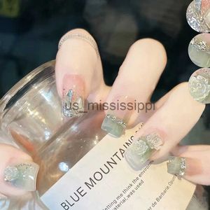 False Nails 24st Fake Nails Press On Nail Green Flowers Art Long Tips False Forms With Lim Stick Stickers REURBEABLE Set Acrylic Artificial X0826