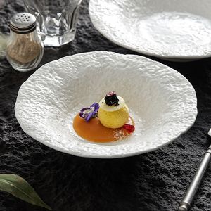 Geschirr Teller Weißer Teller, vertiefter Keramik-Fine-Touch-Geschirr, westliches Abendessen, tiefe japanische Suppenschüssel mit zwei Ohren 230825