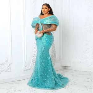 Sky Blue Sequined Evening Dresses Scoop Sheer Neck Long Sleevs Aso Ebi Prom Dress Plus Size Women Party Gowns