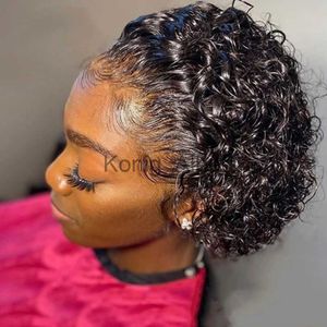 Perucas sintéticas pixie corte perucas para mulheres cabelo humano peruano cru curto bob profundo encaracolado 13x1 hd linha fina transparente 250densidade onda de água barata x0826
