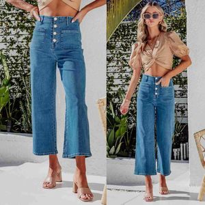 Kvinnors jeans Retro Löst passande kvinnors jeans Casual Wide Leg Ankle Long Street Wear Y2K Hög midja -knappdekoration Denim Byxa T230826