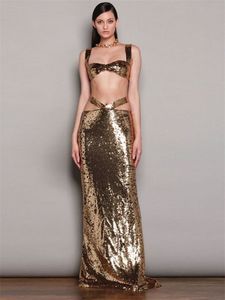 Urban Sexy Dresses 2 Pieces Golden Set Summer Evening Dress Shiny paljetter Ins Girl Holiday Long Prom Party Beachwear Robe de Marie 230826