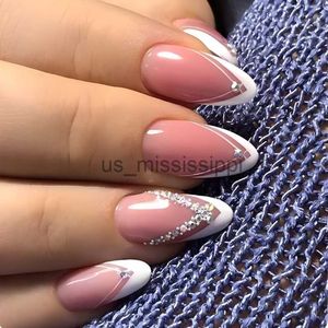 Falska naglar vit linje franska falska naglar mandel naken rosa konstgjorda flash nagel lapp blanka paljett design bärbar press på naglar 24 st x0826