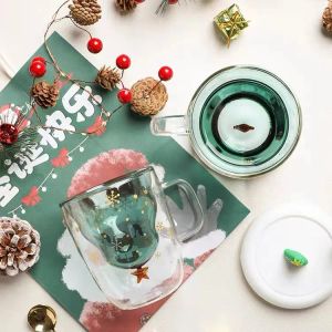 Double layer Christmas glass Cup cartoon cute gift with lid household glass cup