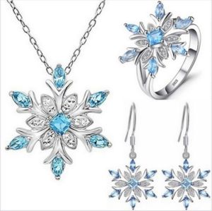 Blue Rhinestone Snowflake Necklace Earring and ring Set Christmas Gift for Womens Long Snowflake Sweater Chain Crystal Snow Flower Jewelry Valentine's Day Gift