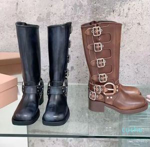 2023 Boots Style Brown Leather Biker Boot Round Toe Heel Martin Boots