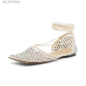 여자 스틸레토 신발 스트랩 2024 드레스 여름 발목 사각형 발가락이 중공 된 패션 섹시한 물 다이아몬드 메쉬 빵 머리 샌들 T230826 296