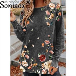 Women's T-Shirt Floral Print Long Sleeve T-Shirt Women Clothes 2021 Autumn Vintage Casual O Neck Top T Shirt Oversize Loose Tunic Ladie Pullover T230826