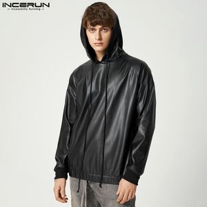 Mens Hoodies Sweatshirts Incerun Fashion Men Pu Leather Hooded Long Sleeve Streetwear Solid Color Punk Casual Pullover 5xl 7 230826