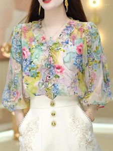Kvinnors blusar koreansk stil blommig skjorta Kvinnor pendlar mode temperament slim-fit 2023 hösten 3/4 ärm ruf