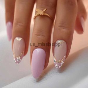 False Nails 24Pcs Medium Length Almond Press on Nails Nude Acrylic Nails Press on Nails for Women Artificial Jelly Glue Sticker on Nails Abs x0826