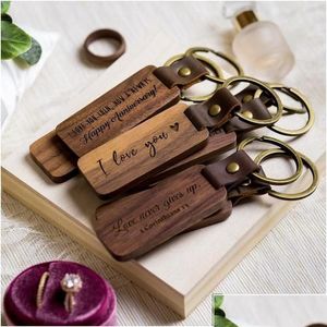 Keychains Lanyards Wooden Personalize Blanks For Engraving Handmade Leather Keychain Round Rec Wood Lage Decoration Key Ring Diy T Dhmdq