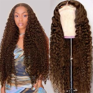 Chocolate Brown Water Wave Spets Front Wigs Human Hair 360 13x4 Deep Wave Frontal Wigs 4# Colored Curly Spets Front Wigs For Women