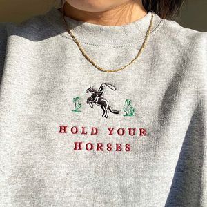 Herren Hoodies Sweatshirts Hold Your Horses Kaktus bestickt Männer Frauen Unisex Grau Votton Dicker Pullover Vintage Stil 80er 90er Herbst Kleidung 230826