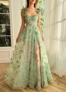 Urban Sexy Dresses Green Lace Evening 2023 Hi lo Spaghetti Strap A Line Front Slit with Belt Formal Party Prom Gowns 230825