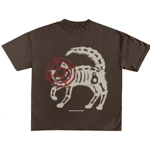 メンズTシャツレトロプリントメンズレディースメカニカルキャットトレンディブランドルーズオールマッチストリートウェアカップル短袖Y2K Tシャツ230825