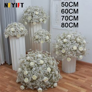 Dekorative Blumenkränze, 8070–6040 cm, weiße Schleierkraut-Rose, künstliche Blumenkugel, Event, Hochzeit, Tischdekoration, Gypsophila-Blumen-Party-Requisiten, 230825