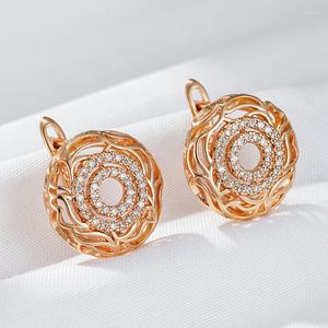 Hoop Earrings Wbmqda Vintage Hollow Zircon Disc Dangle 585 Rose Gold Color For Women Exquisite Grain Daily Matching Jewelry