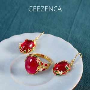 Set Geezenca S Sier Gold Plated Emalj Red Corundum smycken set örhängen ring för kvinnor vintage trendiga cloisonne fina smycken