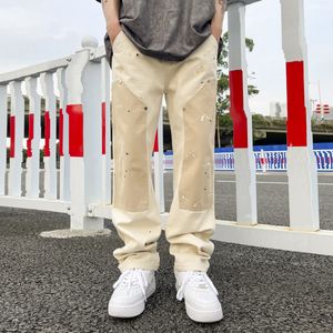 Männer Hosen Hip Hop Khaki Cashew Blume Gerade Bein Overalls Tinte Spritzen Nähte Canvas Hosen Retro Cargo Männer 230826