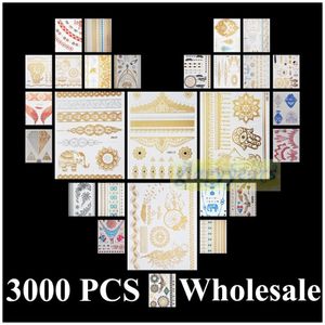 Temporäre Tattoos glaryyears 3000 Stück Großhandel Großbestellung Kostenloser DHL Gold Silber Weiß Schwarz Henna 3D Metallic Flash Tattoo Wasserdicht 230825