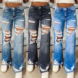 Jeans femininos Mulheres de jeans alta jeans Ladies Casual Ripped Hole Straight Calça T230826