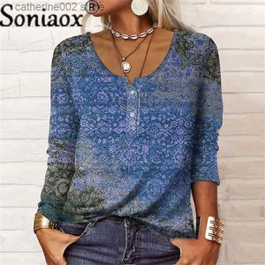 T-shirt da donna 2022 Autunno Inverno Etnico Bohemian T-shirt a maniche lunghe Donna Allentata geometrica stampata con scollo a U con bottoni Pullover Top casual Camicia T230826