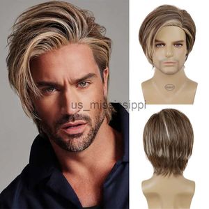 Synthetic Wigs GNIMEGIL Natural Short Straight Synthetic Men Wig Brown Mix Blonde Highlight Wig Side Part Bangs Fashion Style Cosplay Costume x0826