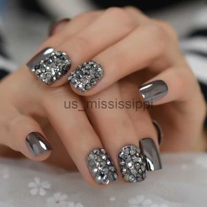 Unhas falsas punk escuro esfumaçado cinza reflexivo espelho metal chapeamento falso dicas de unhas francesas punk metálico diamante unhas falsas com adesivo de cola x0826