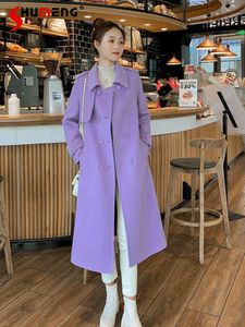 Women's Wool Blends Korean Style Gentle Purple Woolen Coat Women's Long Sleeve Overcoat Autumn and Winter High-klass i mitten av längd med ullrock 230825