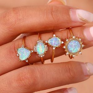 Círculo ajustável coração sol waterdrop anéis de pedra de opala natural para mulheres anel de pedra preciosa à prova d'água de aço inoxidável