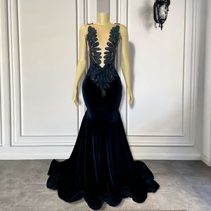 Long Prom Dresses 2023 Sexig Sheer O-hals lyxig pärlor Black Velvet African Women Mermaid Evening Birthday Party klänningar Robe de Soiree skräddarsydd