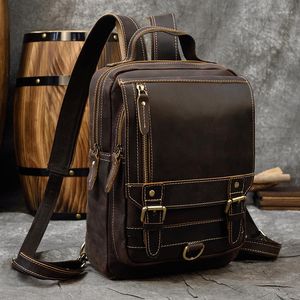 School Bags Genuine Leather Single Shoulder Bapack Chest Bag Dual Use Men Travel Outdoor Cowhide Mini Backpack