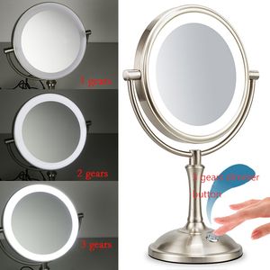 Compact Mirrors Desktop 8 tum Makeup Mirror 2-Face Metal Mirror 3x 5x 10x förstoring Kosmetisk spegel LED-lampa Justera ljusstyrkan 230826