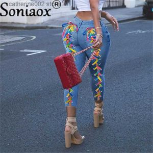 Frauen Jeans sexy Verband Schnürung Grommet Frauen Denimhose Blau hohe Taille Stifte Jeans Hosen Skinny Bodycon Hole Street gerissene Hose T230826