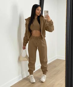 Women s Two Piece Pants Fashion Women 3 Sets Long Sleeve Zip Hoodies Ribbed Tank High Waist Sweatpants Jogger Pant Suit Sporty Three Pieces Outfit 230826