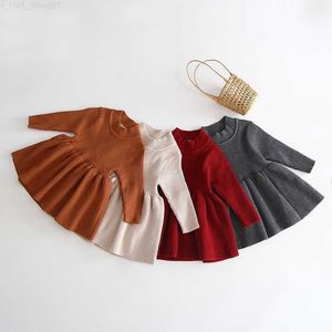 0-5Yrs Spring Pullover Baby Girls Solid Knit Dress Baby Children Long Sleeve Dress Winter Autumn Dress Z230725