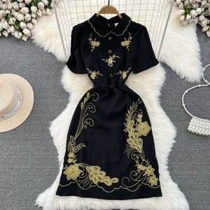 Summer Luxury Celebrity Style Dress Short sleeved Polo Neck Waist Slim Mid length A-line Embroidered Dress