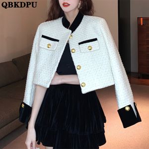 Kadın Yün Karışımları Kore eklenmiş kırpılmış tüvit ceket kadınlar bahar tek göğüslü sokak kıyafetleri dış giyim standı yaka ceket moda vintage chaqueta 230825