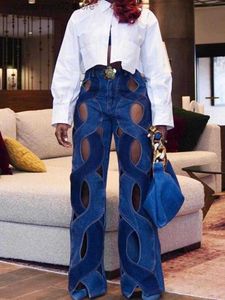 Dżinsy dżinsowe wycięte puste dżinsowe spodnie damskie streetwear swobodny krzyż prosty płomień 2023 Ins moda szerokie dżinsy nogi spodnie T230826