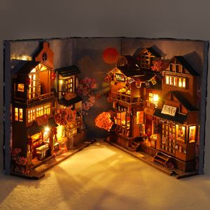 Casa de boneca Acessórios DIY Livro Nook Shelf Inserir Kits Miniatura Dollhouse com Móveis Caixa de Sala Cherry Blossoms Bookends Loja Japonesa Brinquedos Presentes 230826