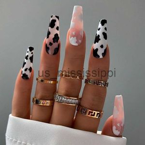 False Nails 24pcsset False Nails Long Black White Cow Pattern Coffin Fake Nails With Sticker Acrylic Ballerina Nail Accessory Art Full Tips X0826