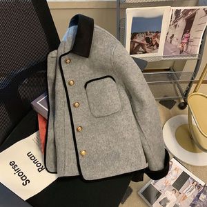 Giacche da donna Cappotti trapuntati corti grigi Abbigliamento donna vintage Giacca di lana con risvolto a contrasto Autunno Inverno Harajuku Jaquetas Chaqueta 230826