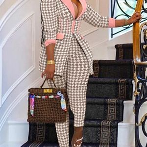 Women's Plus Size Tracksuits LW Houndstooth Blazer Pants Set Women Blazers Tops Pencil Two Piece Office Lady Fashion Outfits Autumn 230825