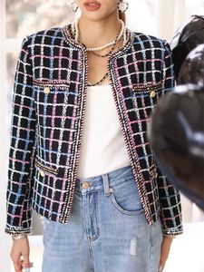 여자 양모 블렌드 소형 향수 고급 디자인 가을 여성 빈티지 격자 무늬 트위드 재킷 짧은 코트 한국 패션 스트리트웨어 모직 아웃복 230825