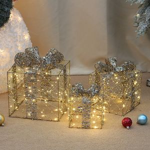 Christmas Decorations 3Pcs/Set Christmas Decoration Gift Box Christmas Tree Ornaments Luminous Iron Art Home Outdoor Year Navidad Home Decor Mall 230825