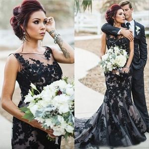 Abiti da sposa a sirena vintage neri e champagne 2023 Abiti da sposa lunghi con scollo trasparente gotico e applicazioni di pizzo su misura